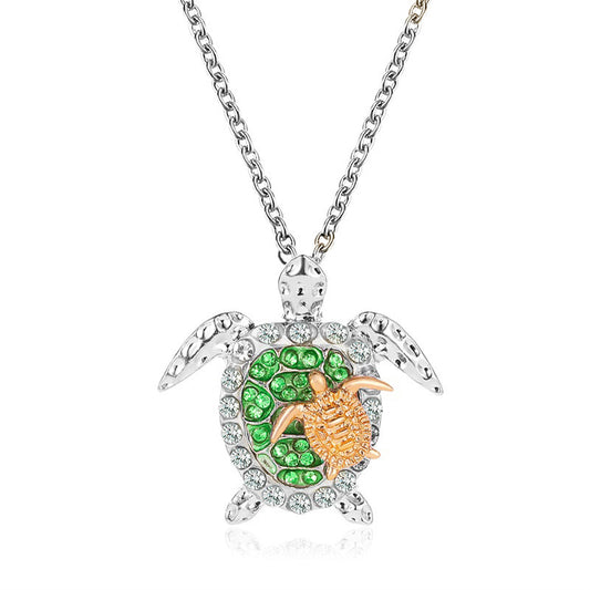 Silver Ziconia Gemstone Inlaid Sea Turtle Charm Necklace