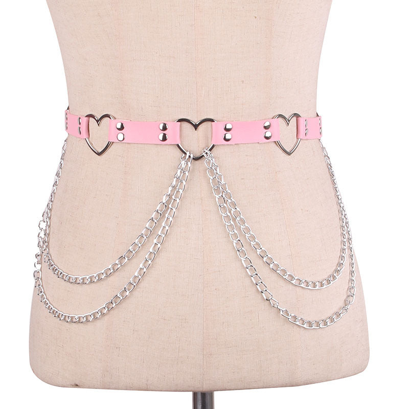 Punk Leather Belt With Heart-shaped Metal Trim and Chains | 8 Colour Options