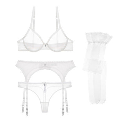 3 Piece See Through Mesh Lingerie Set with Matching Stockings