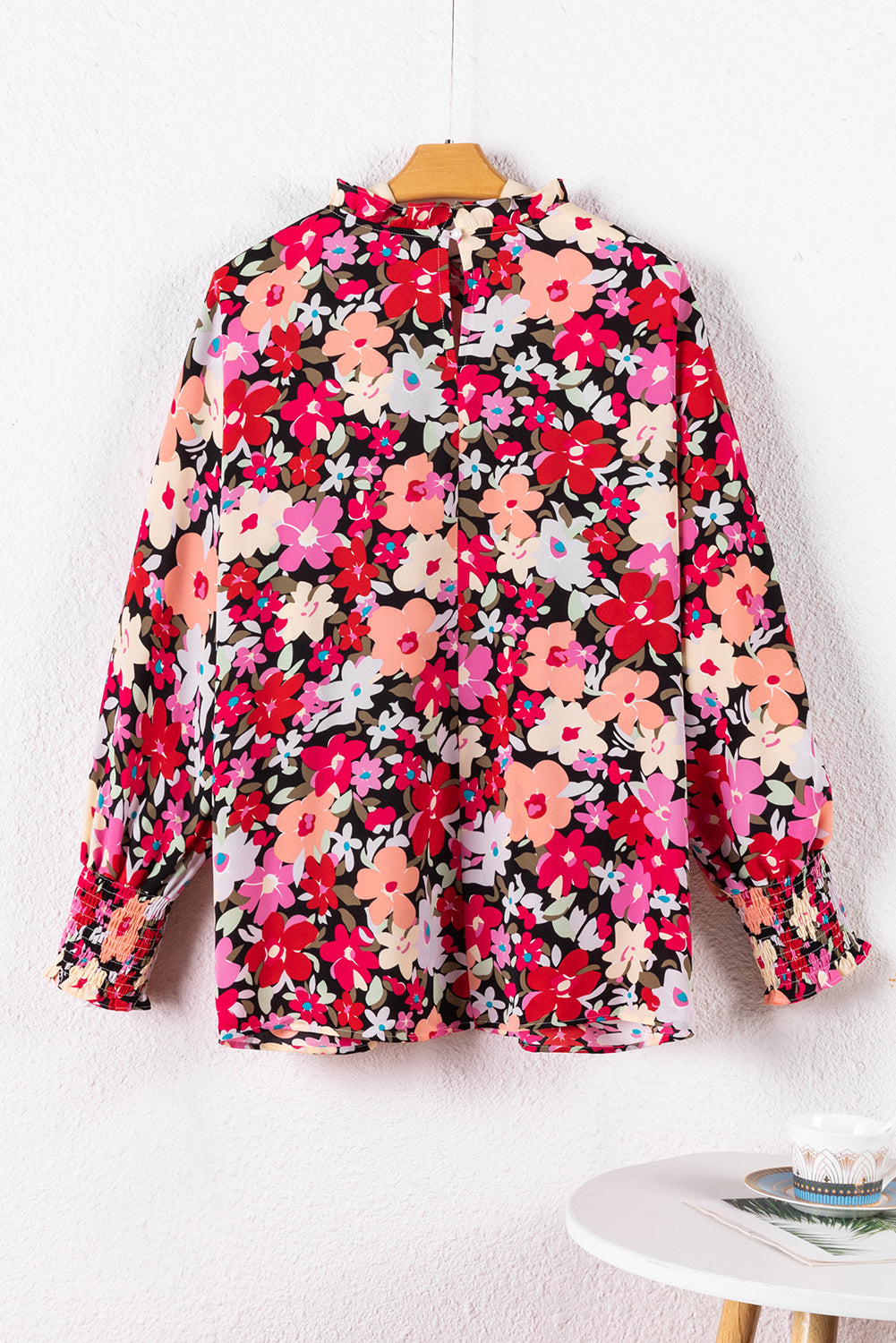 Summer Top - Rose Printed Frilled Neck Bracelet Sleeve Floral Blouse