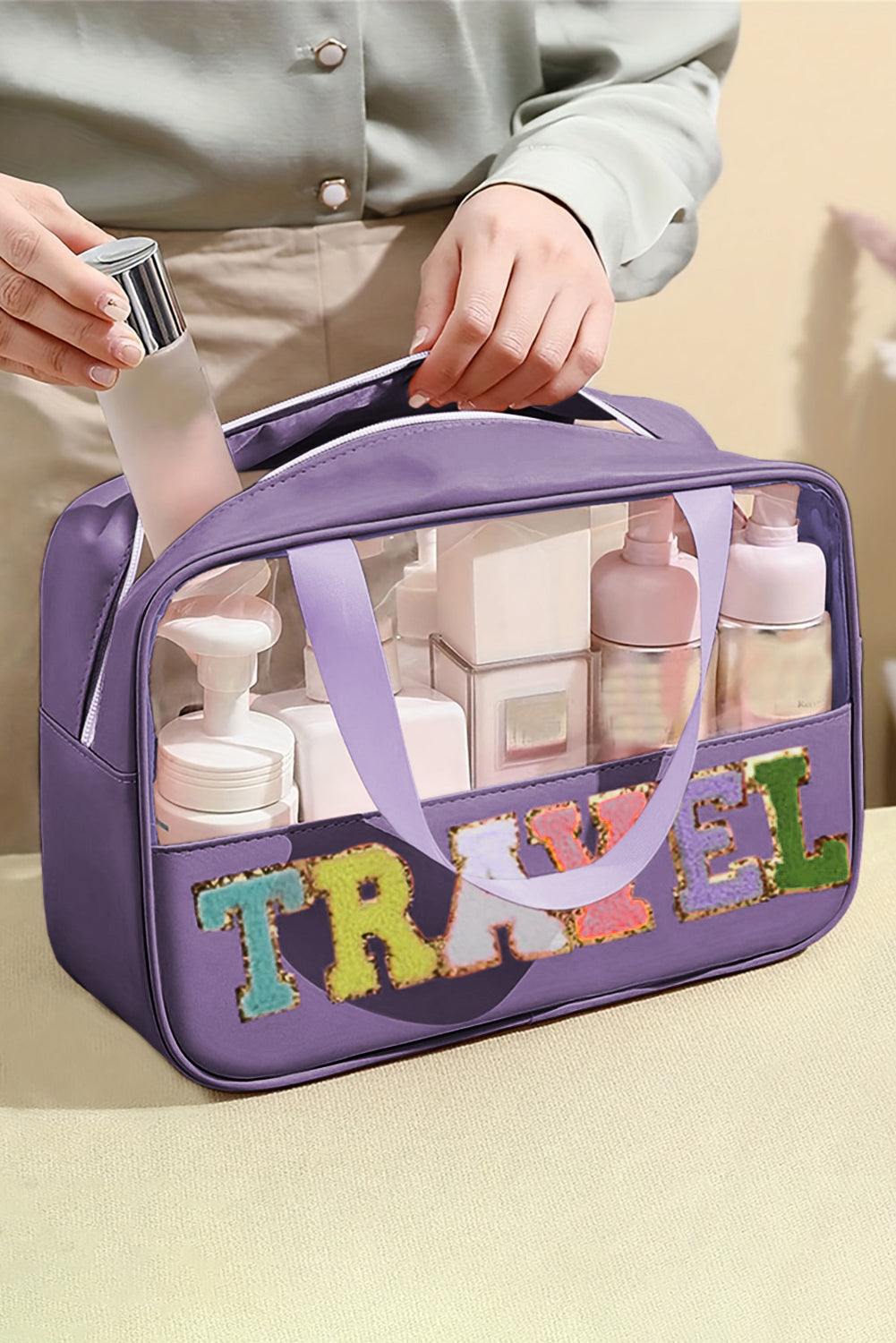 Pastel Coloured Clear Window Travel Friendly Chenille Letter Makeup Bag