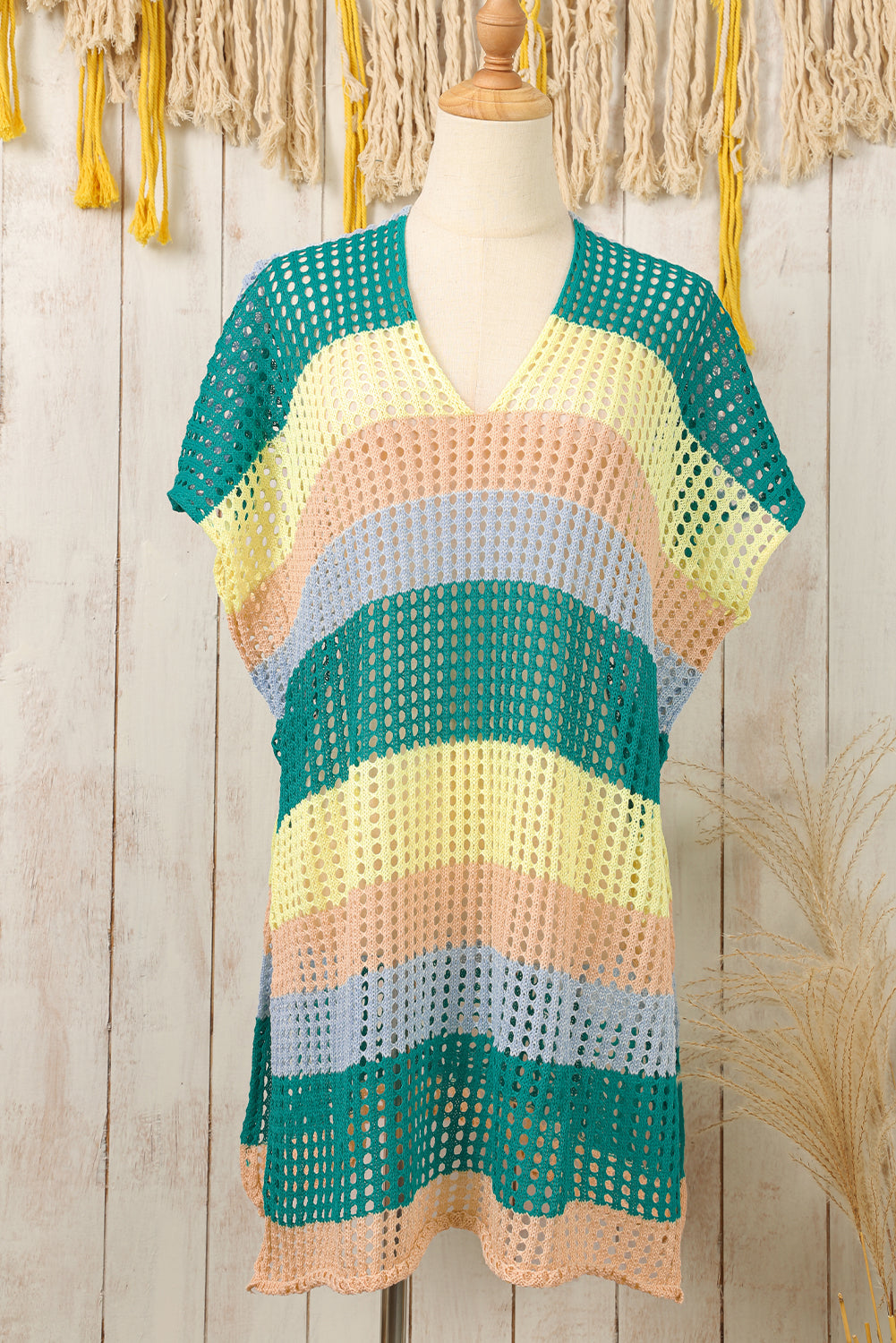 Striped Hollow Out Crochet Knit V Neck Tunic Beach Cover Up | 2 Colour Options