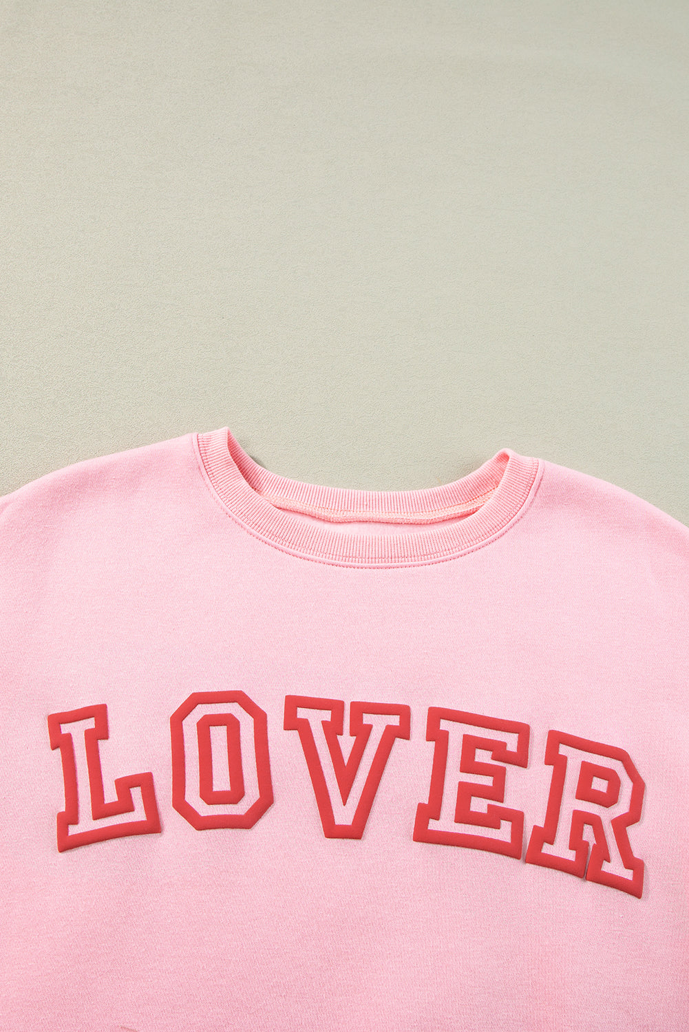 Cotton Blend Pink LOVER Puff Print Drop Shoulder Pullover Sweatshirt