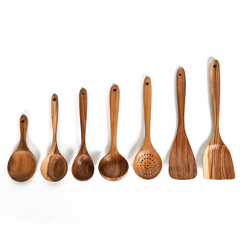 7 Piece Teak Natural Wood Tableware Spoon Ladle and Spatula Utensil Set