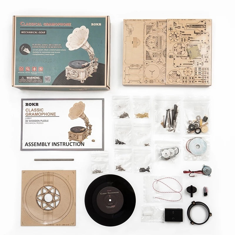 ROKR Real Working Hand Crank Classic Gramophone Wooden Puzzle - DIY Model Building Kit