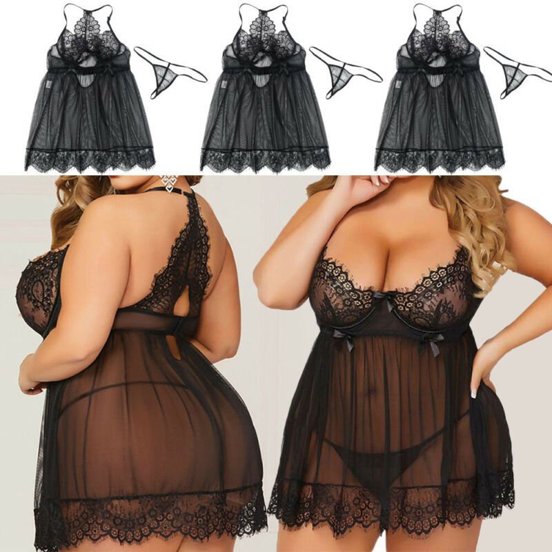 Plus Size Black Lace Babydoll Nightdress Lingerie with Satin Bows