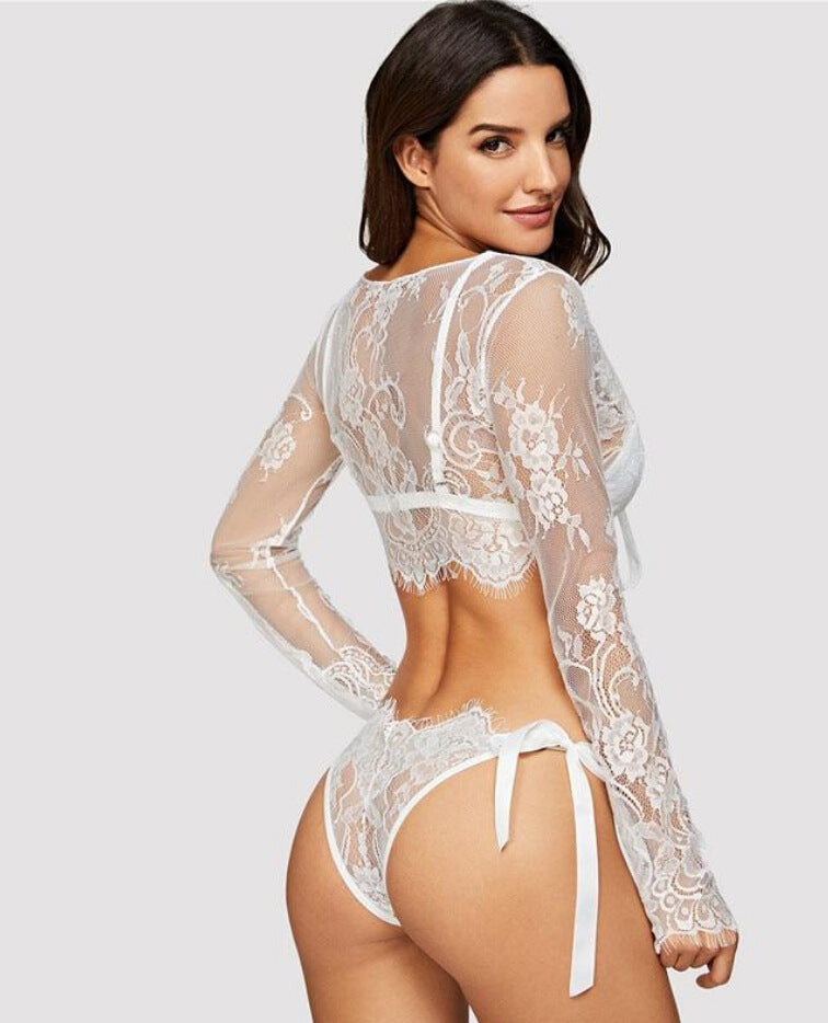 Long Sleeve Lace Lingerie Top with Matching Knickers | Black or White