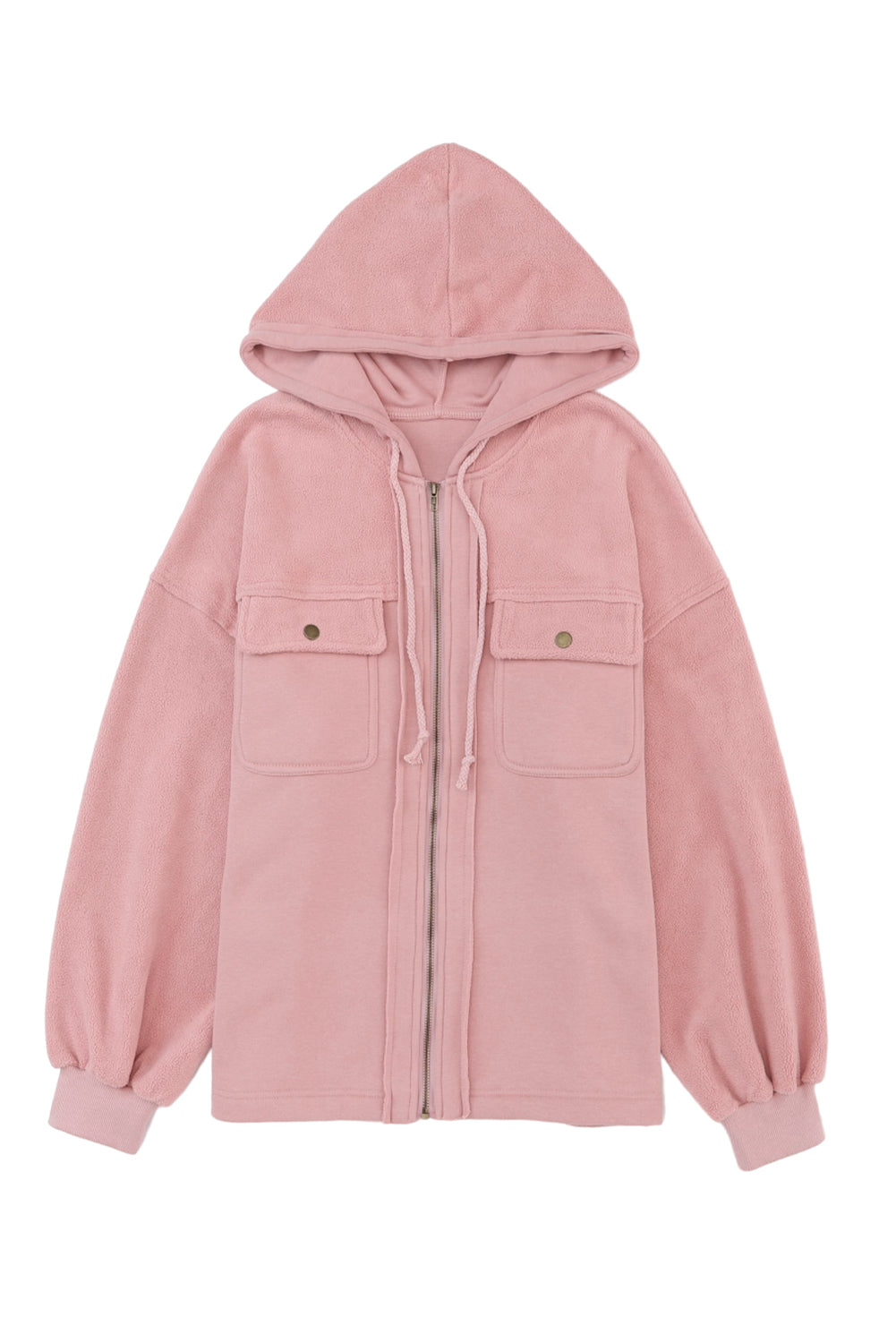 Cotton Blend Pink Flap Pocket Drawstring Hood Zip Up Jacket