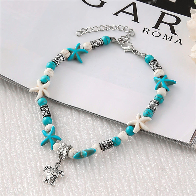 Turquoise Starfish Anklet with Turtle Charm