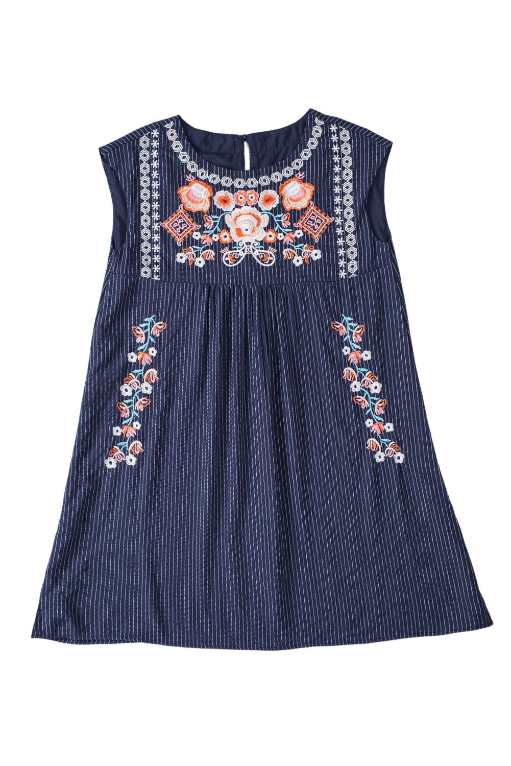 Cotton Blend Blue Embroidered Striped Print Sleeveless Mini Dress