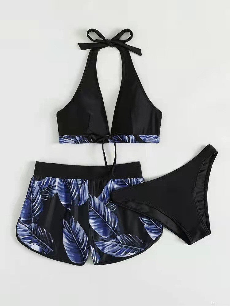 3 Piece Leaf Print Bikini With Beach Shorts Tropical Beach Swimsuit Set