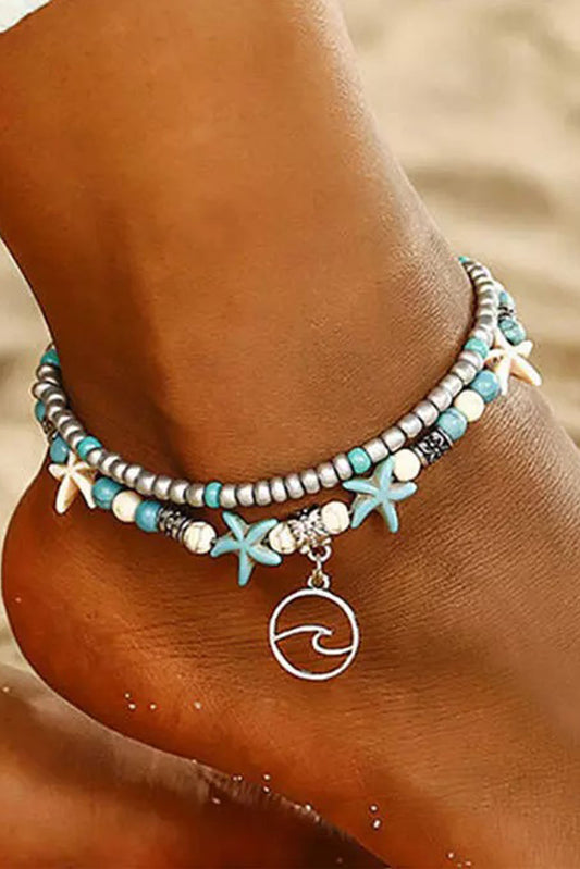 Turquoise Blue Beach Double Anklet featuring Starfish and Wave Insignia