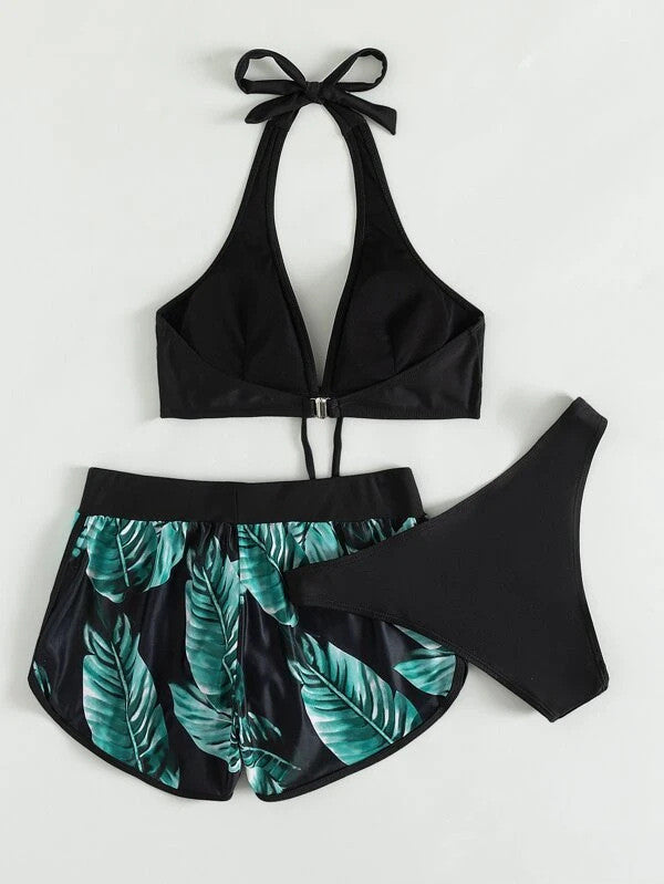 3 Piece Leaf Print Bikini With Beach Shorts Tropical Beach Swimsuit Set