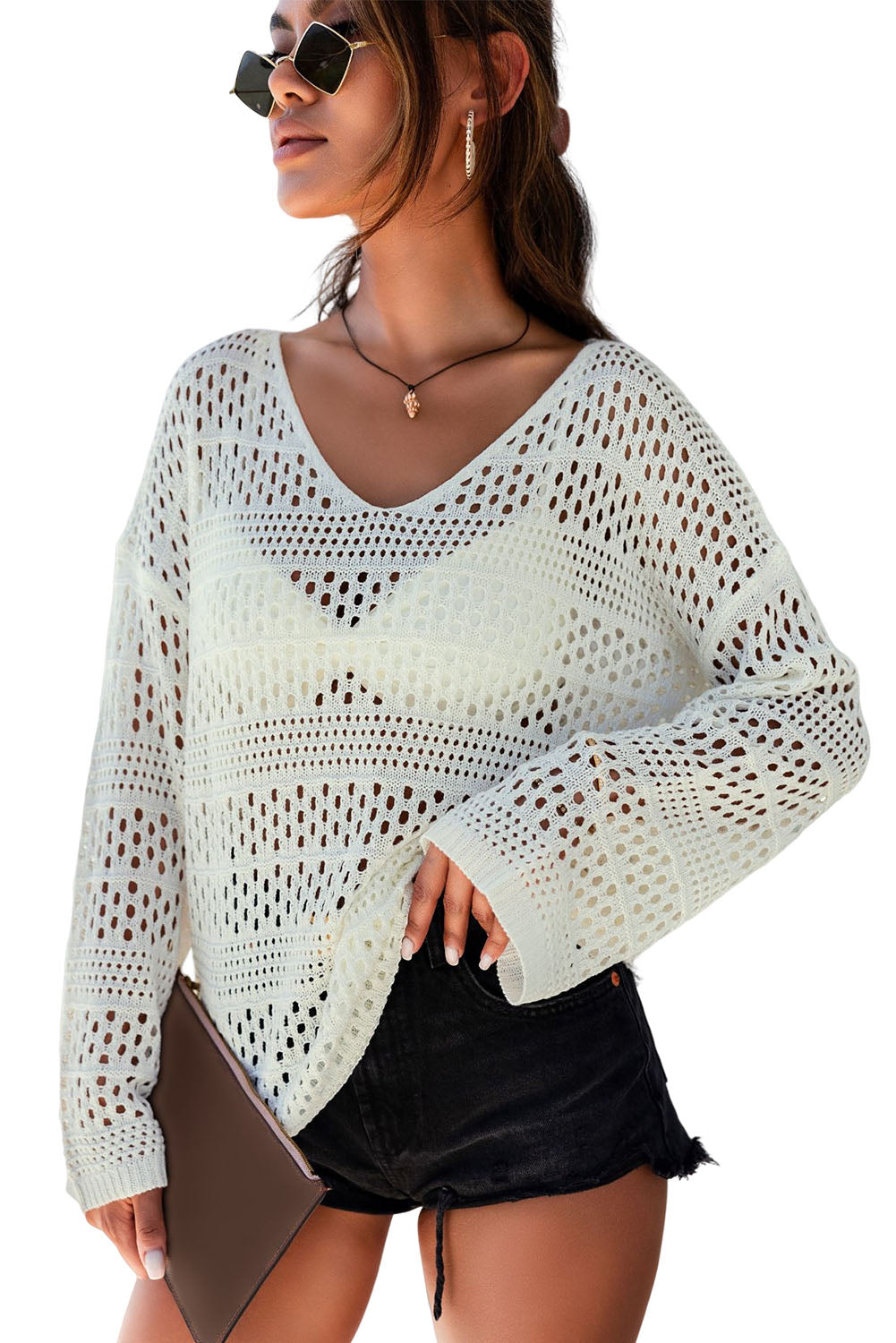 White V-Neck Pullover Sweater Hollow Out Crochet Knit Fabric