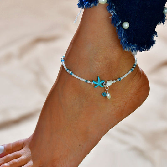 Bead Beach Anklet with Turquoise Starfish Charm