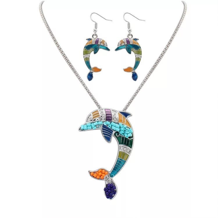 Resin Inlayed Dolphin Jewelry Set in either plated Gold or Silver