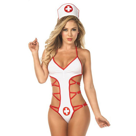 Sexy Hot Nurse Cutout Uniform Bodysuit Fancy Dress Role Play Costume