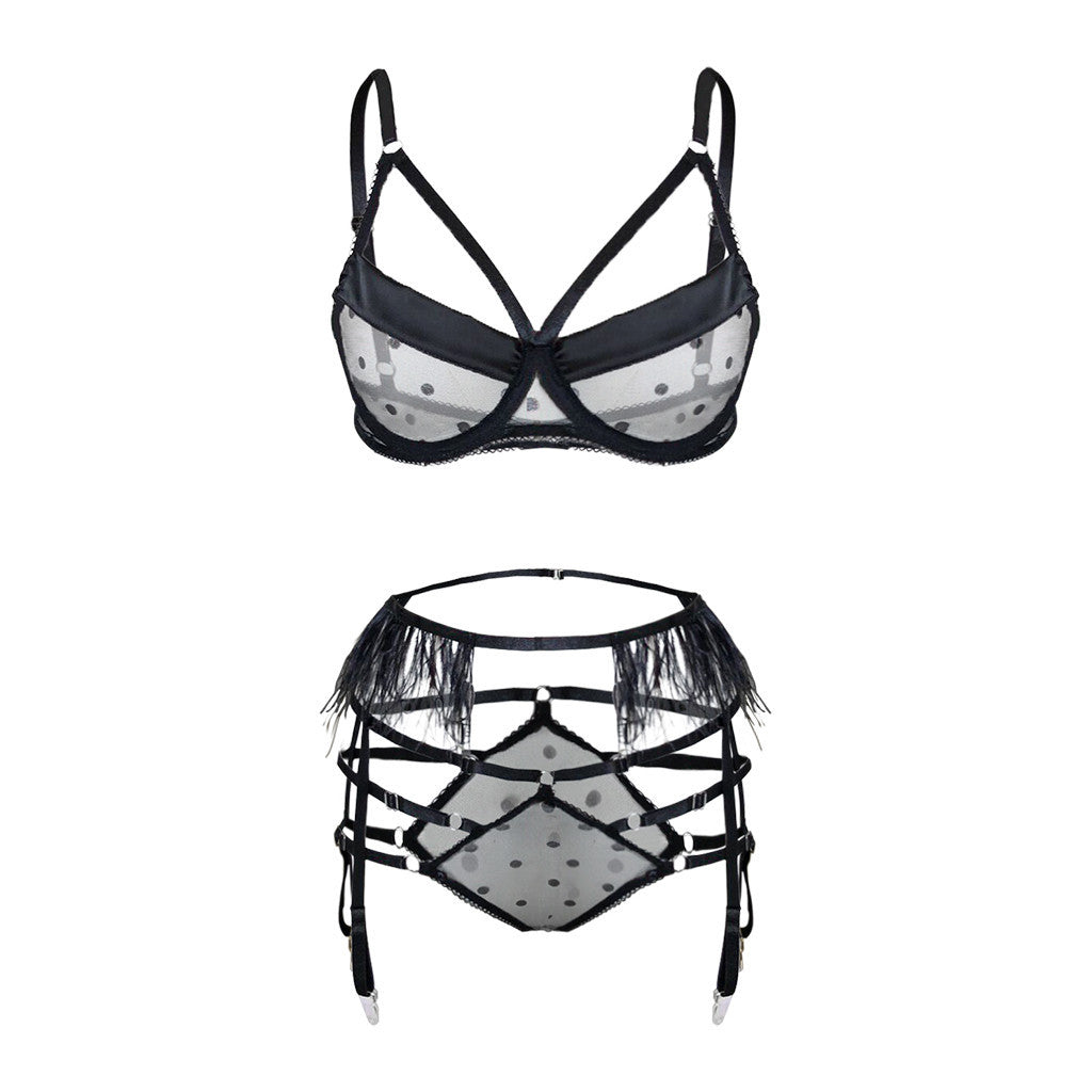 Polka-Dot Mesh Sexy 3 Piece Lingerie Set