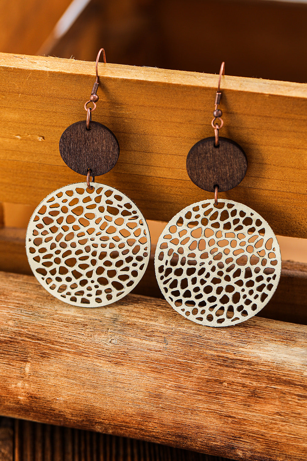 Beige Hollow Out Wooden Round Drop Earrings