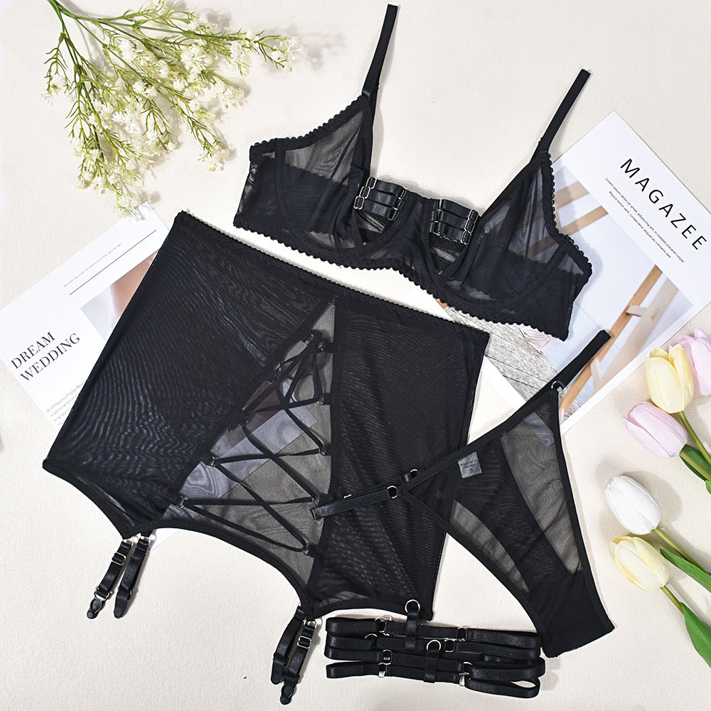 3 Piece Strappy Sexy Black Mesh Lingerie Set