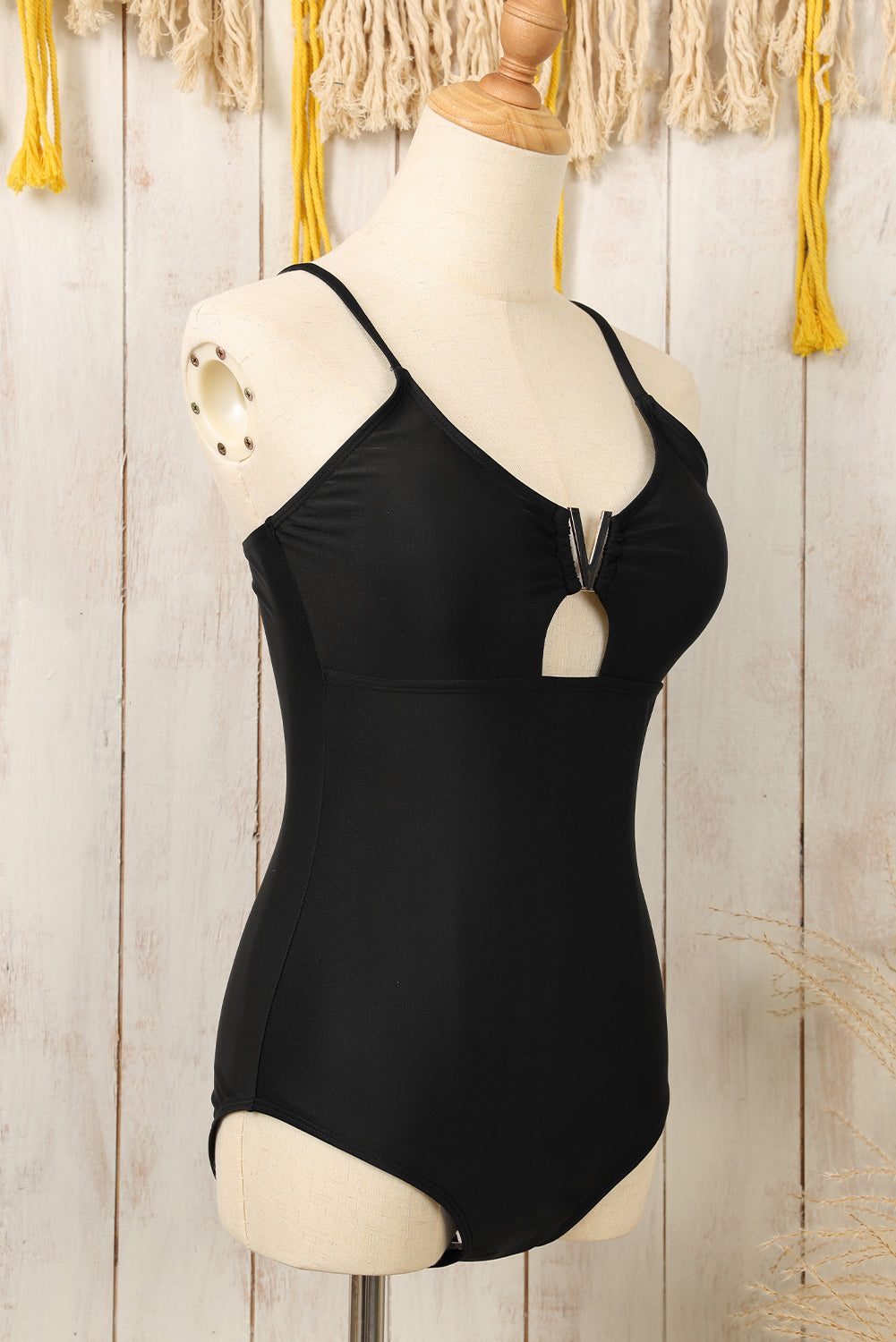 Black Spaghetti Straps Metal-V Decor One-Piece Slimming Swimsuit