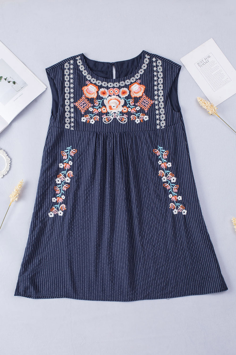 Cotton Blend Blue Embroidered Striped Print Sleeveless Mini Dress