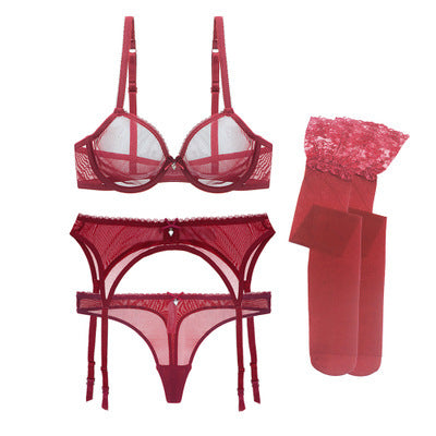 3 Piece See Through Mesh Lingerie Set with Matching Stockings