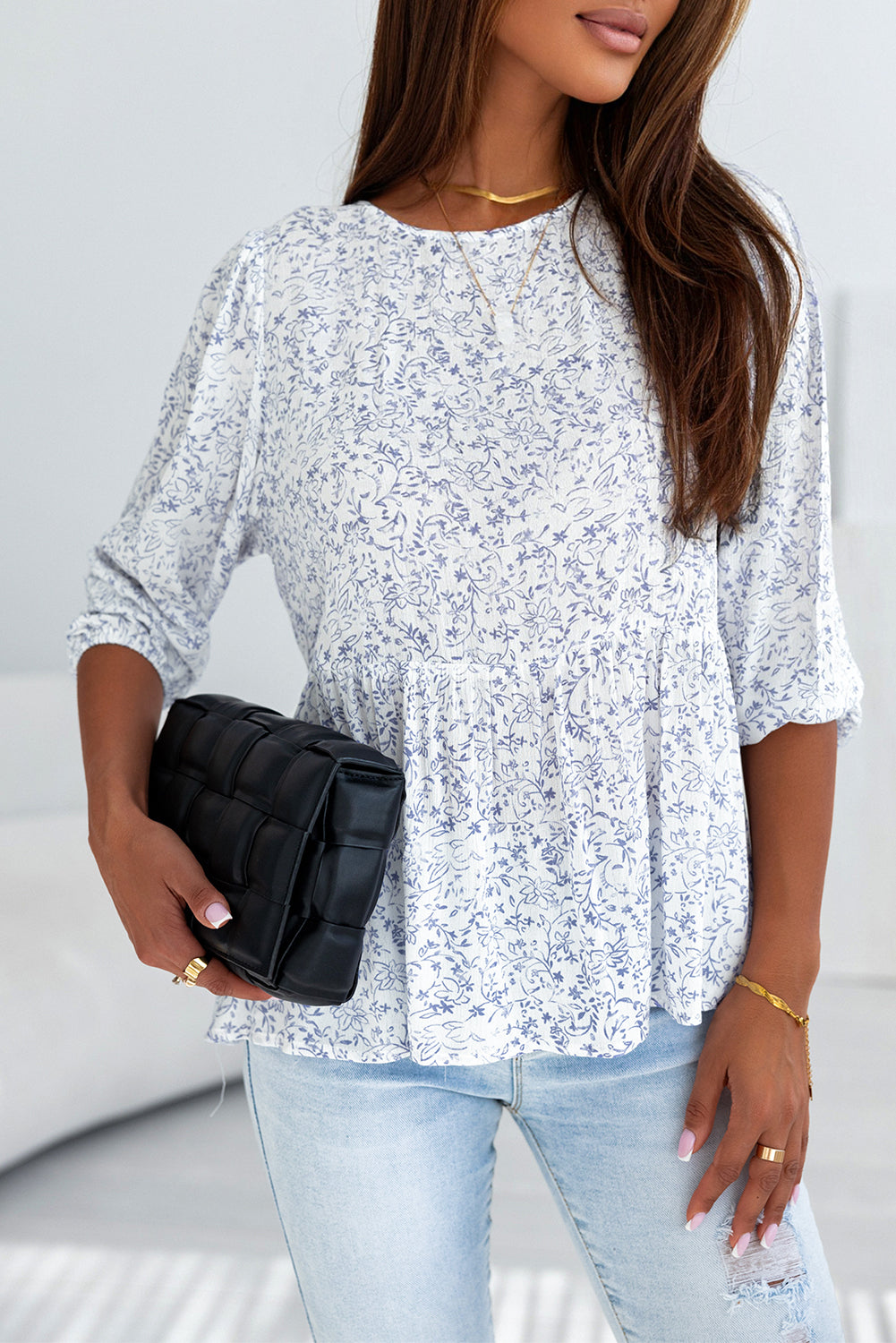 Blue and White Retro Floral Printed 3/4 Puff Sleeve Blouse Summer Top