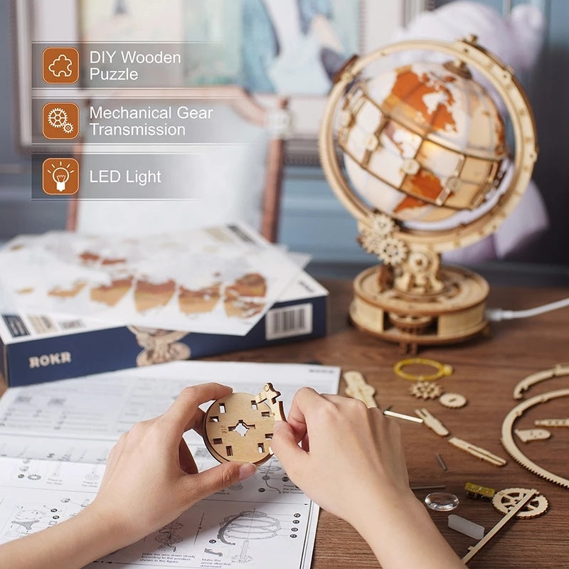 ROKR Lit-Up 3D World Globe Wooden Puzzle - Assembly Model Building Kit