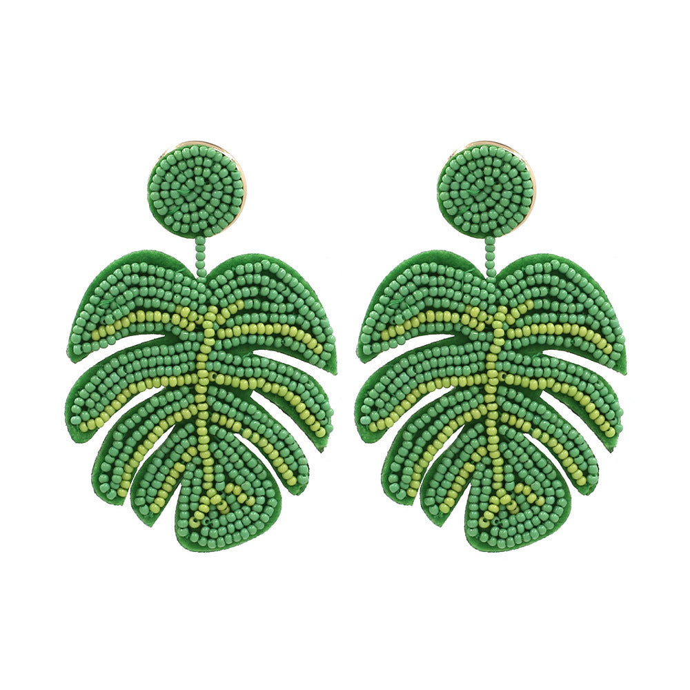 Hand-Woven Monsteria Beaded Leaf Earrings