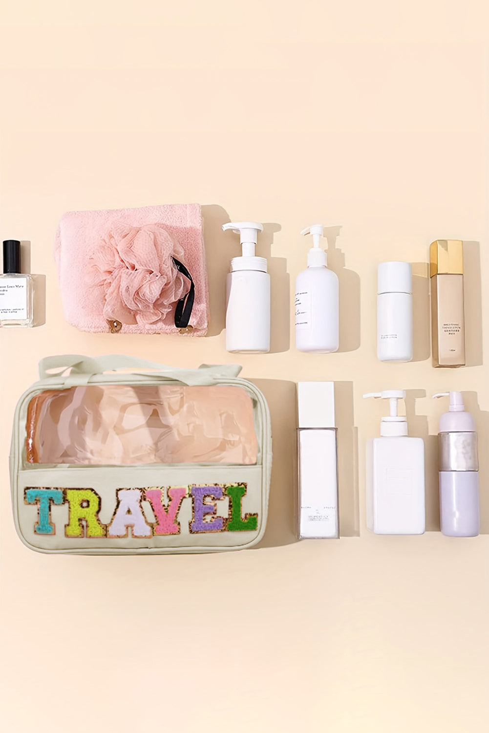 Pastel Coloured Clear Window Travel Friendly Chenille Letter Makeup Bag