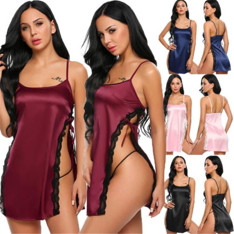 Lace Trimmed Satin lingerie Nightdress | 4 Colour Options