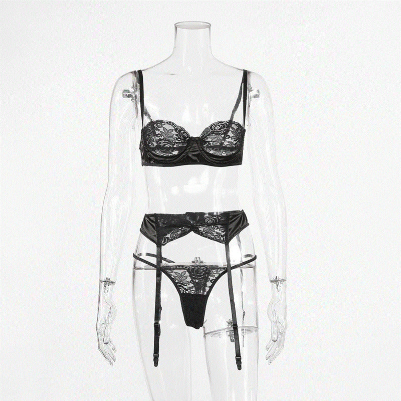 3 Piece Lace Lingerie Set, Bra Matching Knickers and Garter Belt | Black or White