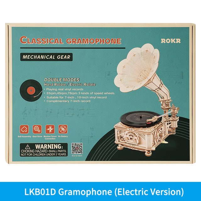 ROKR Real Working Hand Crank Classic Gramophone Wooden Puzzle - DIY Model Building Kit