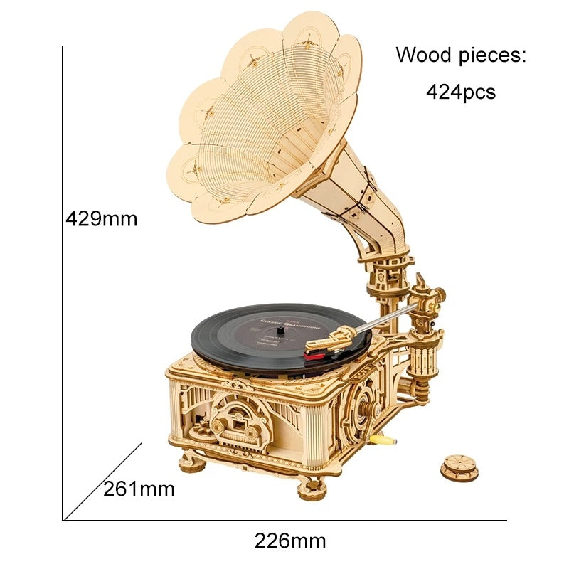 ROKR Real Working Hand Crank Classic Gramophone Wooden Puzzle - DIY Model Building Kit