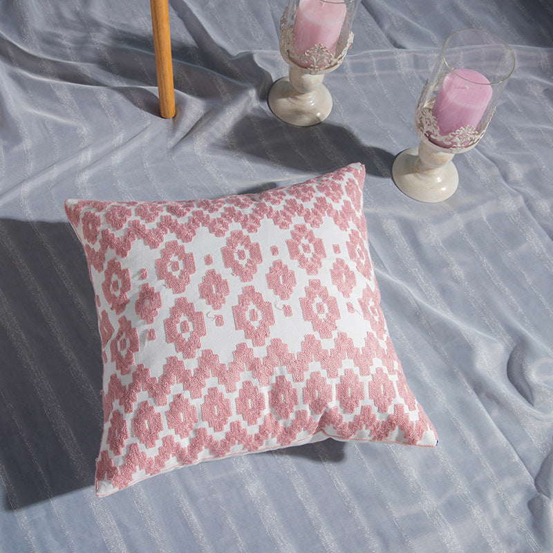 Dusky Pink Geometric Cotton Embroidered Cushion Covers