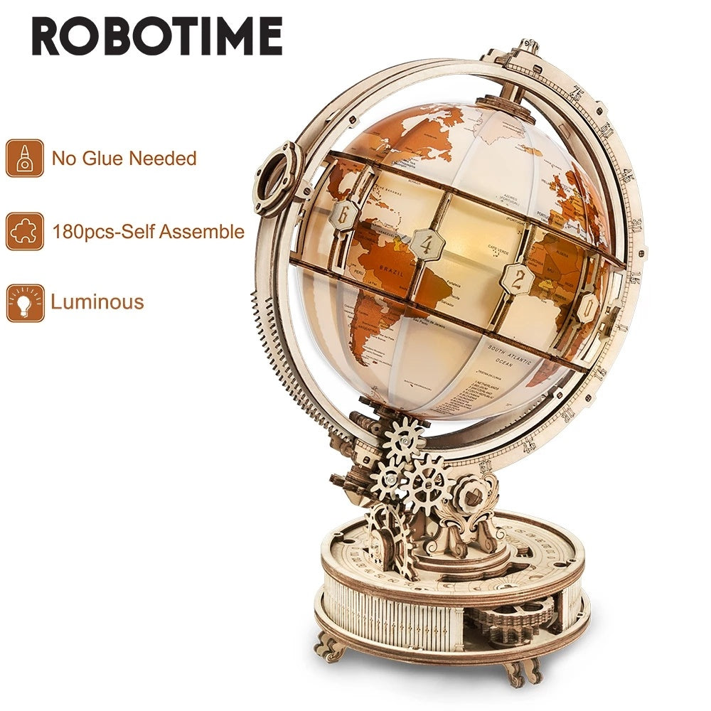 ROKR Lit-Up 3D World Globe Wooden Puzzle - Assembly Model Building Kit