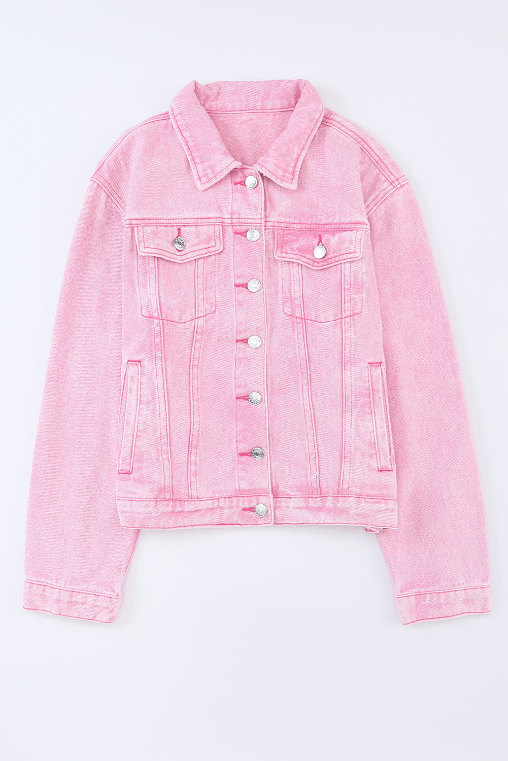 100% Cotton Pink Acid Wash Button Flap Pocket Denim Jacket