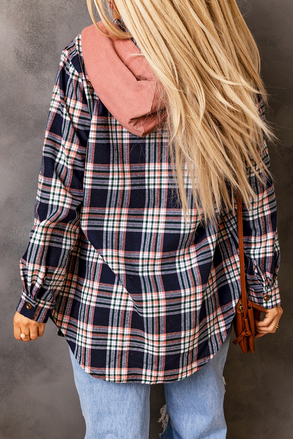 Cotton Blend Pink Contrast Hooded Drawstring Plaid Shacket