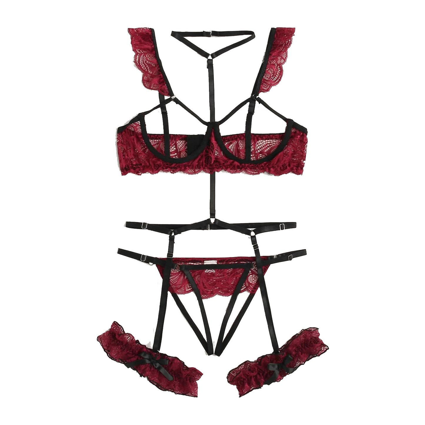 3 Piece Open Cup Strappy Lingerie Set with Lace Detailing and Garters