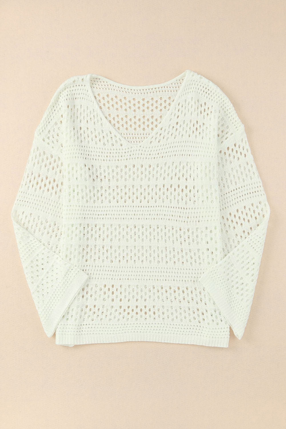 White V-Neck Pullover Sweater Hollow Out Crochet Knit Fabric