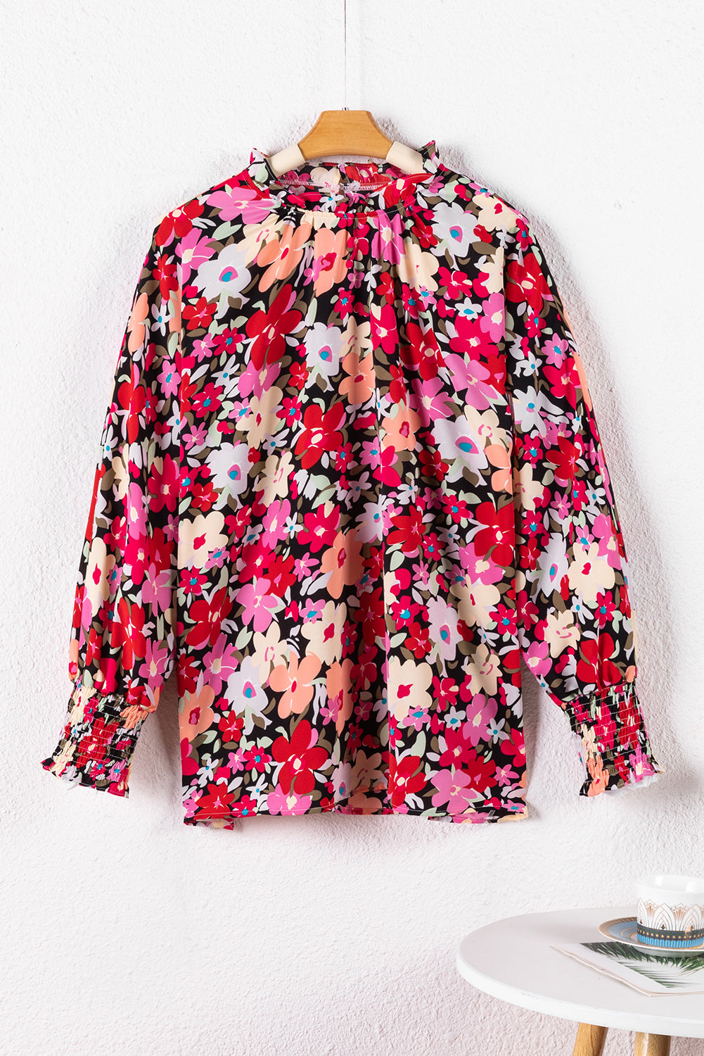 Summer Top - Rose Printed Frilled Neck Bracelet Sleeve Floral Blouse