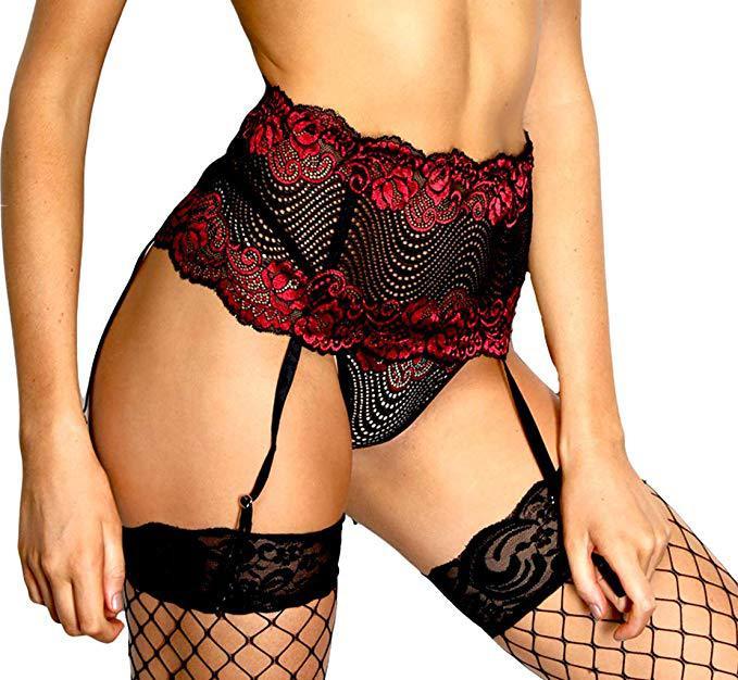 3 Piece Erotic Lingerie Set, Bra Top, G-String Bottoms and Lace Garter Belt