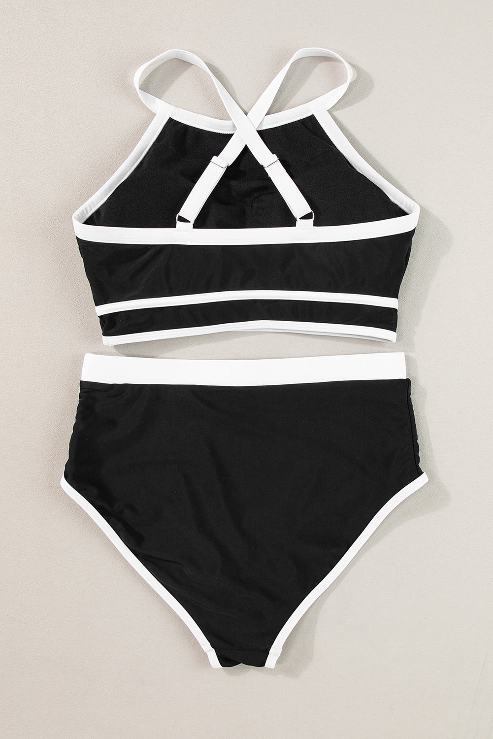 Black Contrast Trim Crisscross Back High Waisted Bikini Swimwear Set