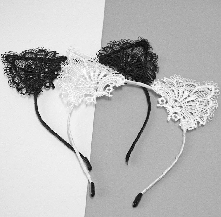 Lace Cat Ears Headband for Adult Role Playing | White or Black