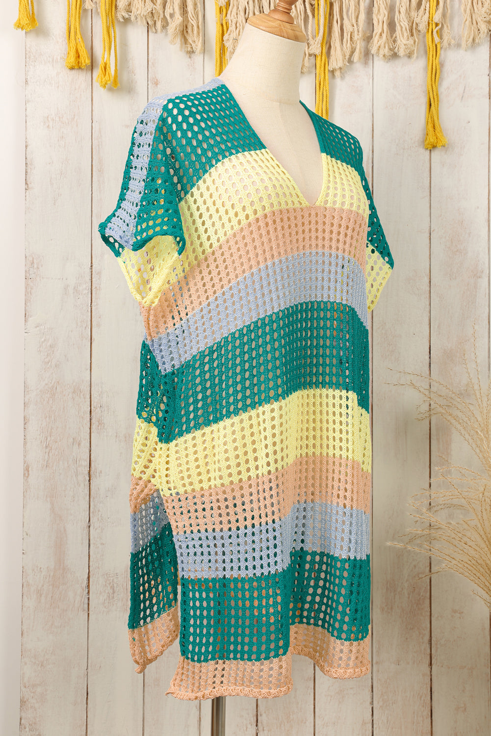 Striped Hollow Out Crochet Knit V Neck Tunic Beach Cover Up | 2 Colour Options