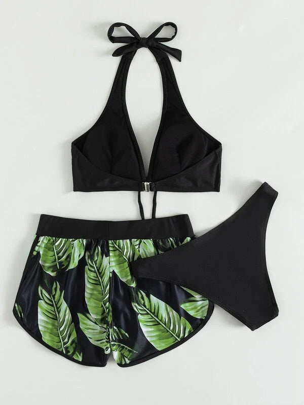 3 Piece Leaf Print Bikini With Beach Shorts Tropical Beach Swimsuit Set