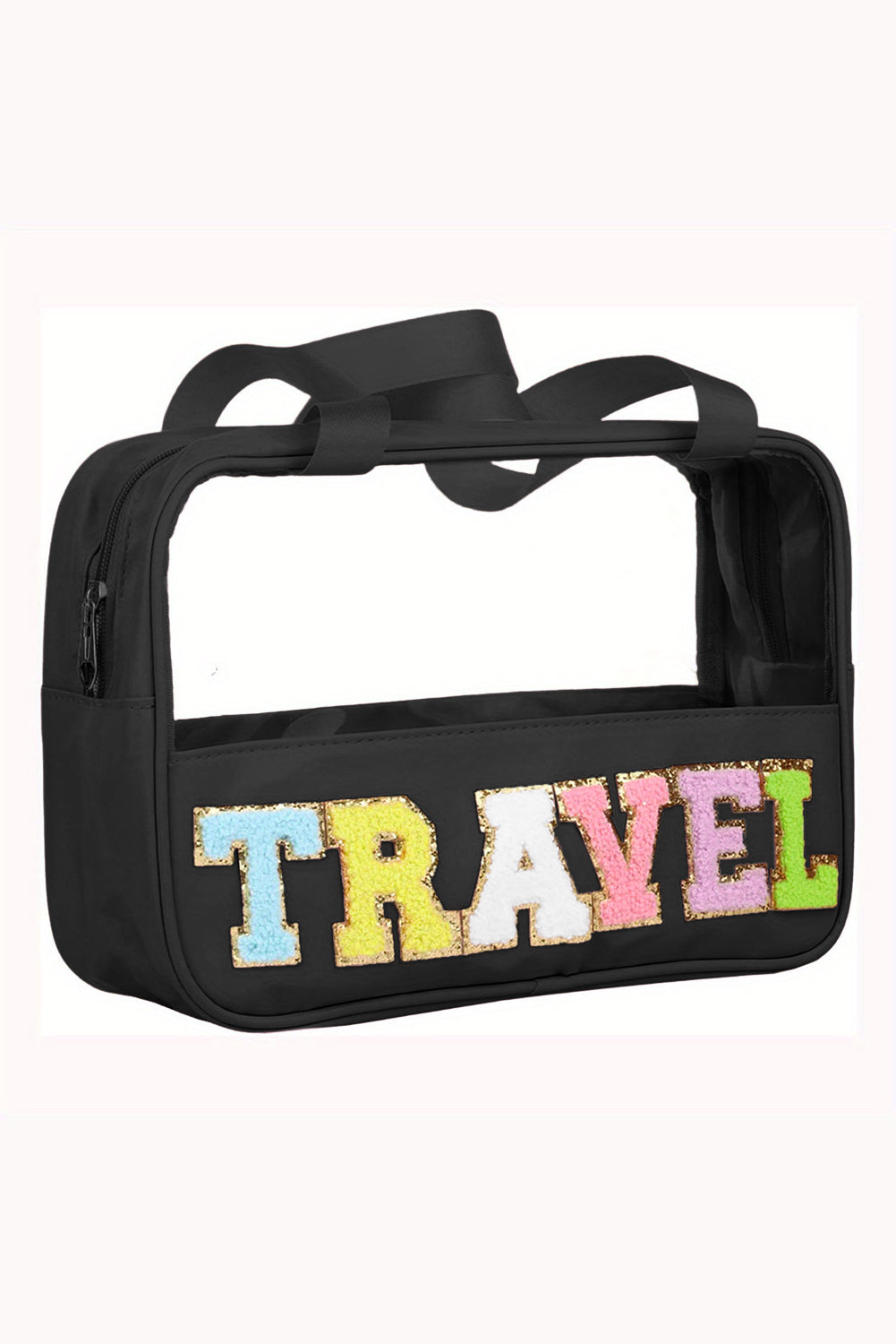 Pastel Coloured Clear Window Travel Friendly Chenille Letter Makeup Bag