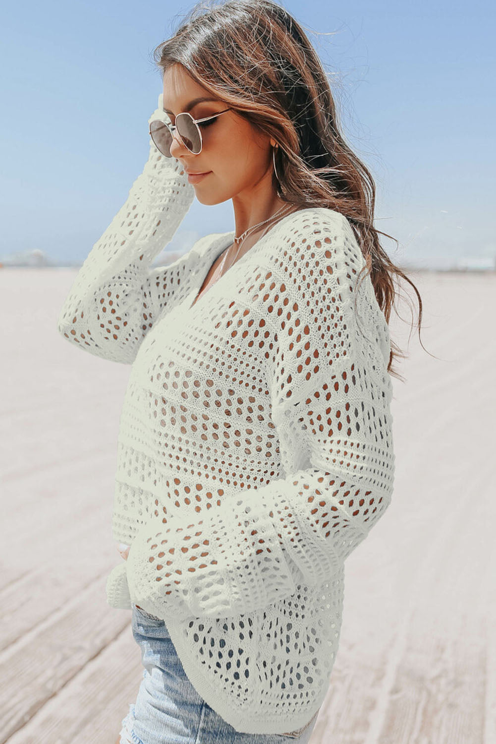 White V-Neck Pullover Sweater Hollow Out Crochet Knit Fabric