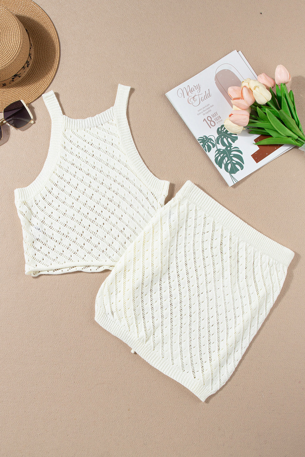 White Crochet Cropped 2 Piece Beach Dress Bikini Cover Up Set